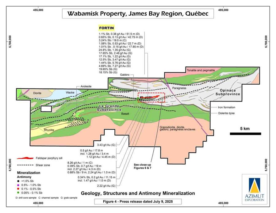 Azimut étend une importante zone antimoine-or sur 1,8 km à Wabamisk