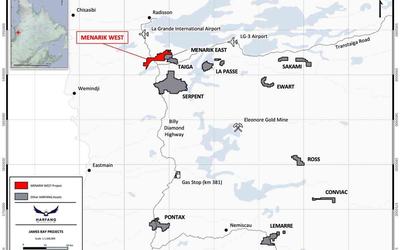 Carte de localisation des projets de Harfang à Eeyou Istchee Baie James, mettant en évidence Menarik Ouest.