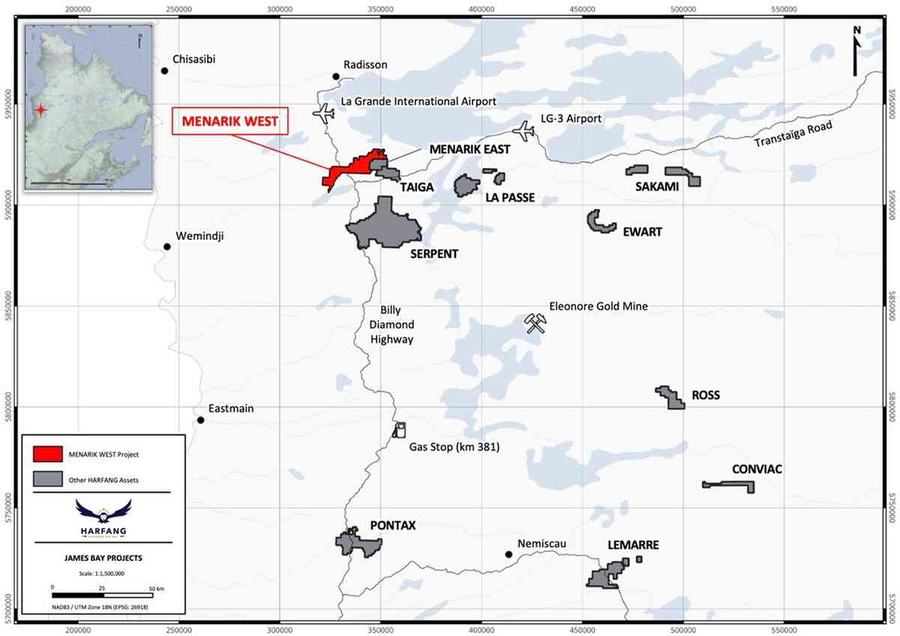 Carte de localisation des projets de Harfang à Eeyou Istchee Baie James, mettant en évidence Menarik Ouest.